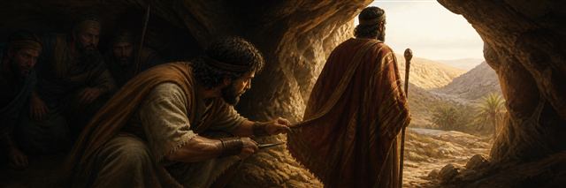 David quietly cutting a corner from Saul’s robe inside the cave at En-gedi
